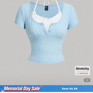 Blue Ribbed Crop Top with Built in Cami